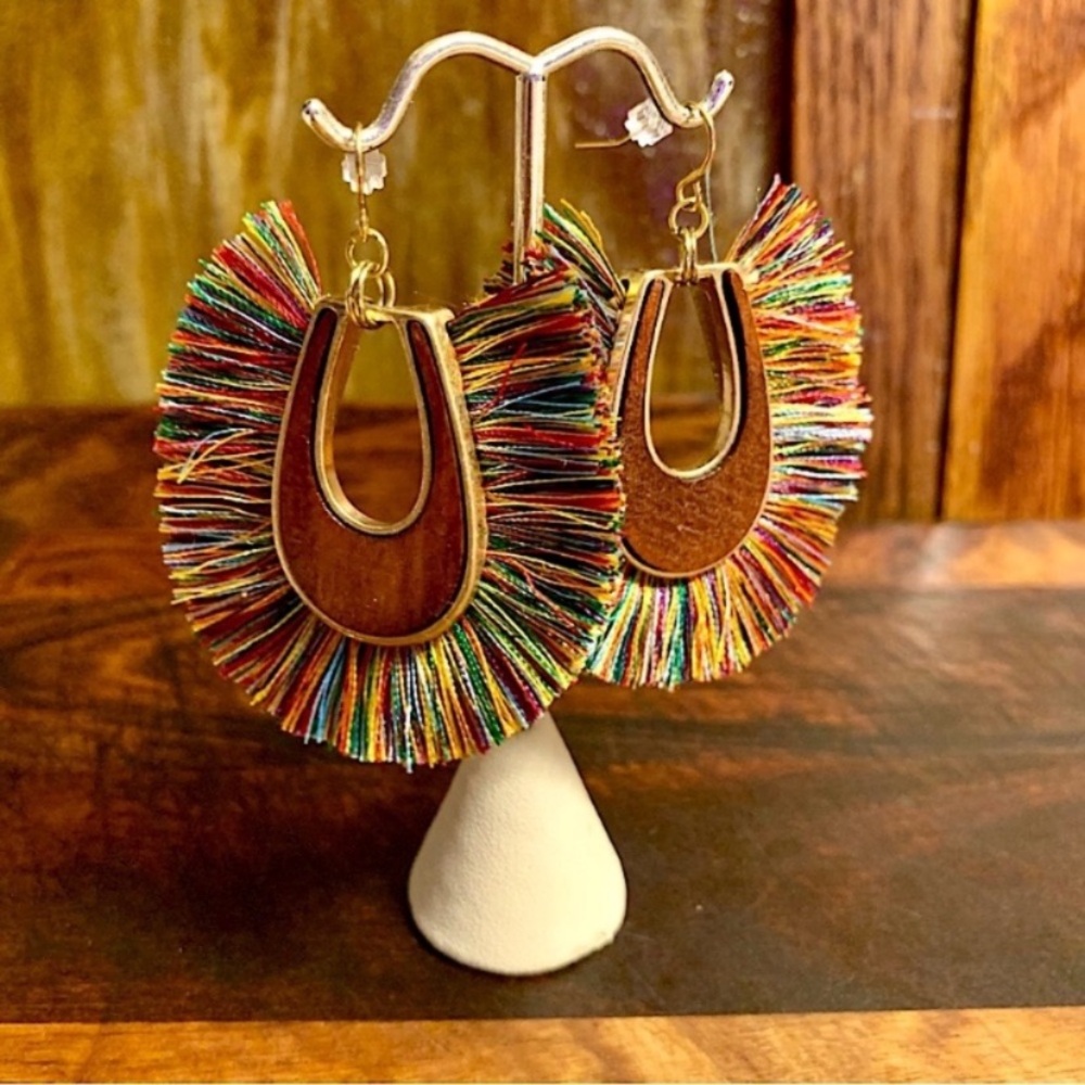 Wood Fringe and Brass Rainbow Color
Dangle Earrings